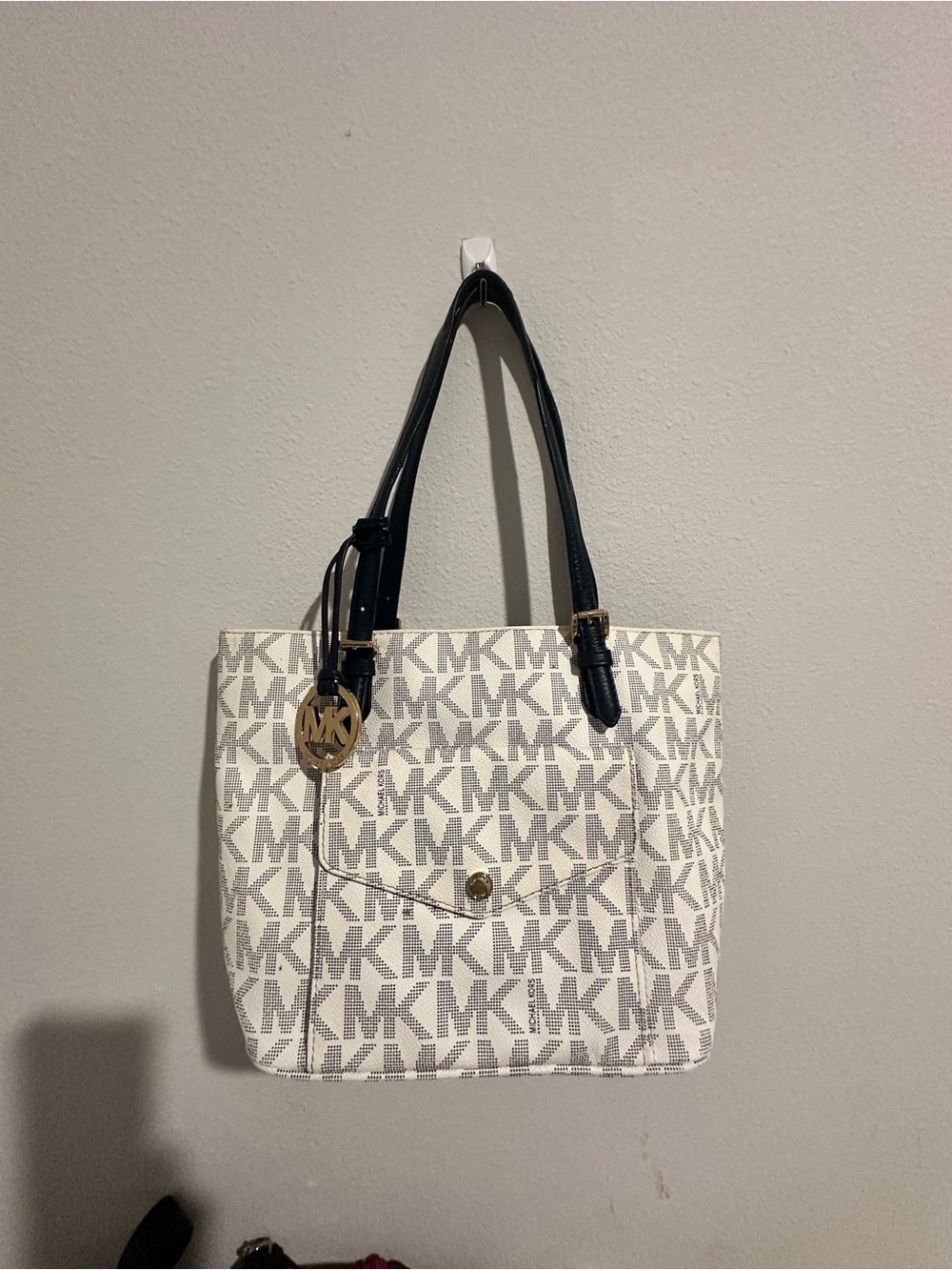 Michael Kors Cream and Black MK Logo Tote with Gold Accent